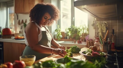 A Plus-Size Black Woman Exudes Passion and Confidence, Joyfully Preparing Delicious Dishes in the Kitchen. This Empowering Photo Breaks Stereotypes, Celebrating Diversity. - obrazy, fototapety, plakaty