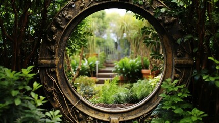A peek through a keyhole-shaped garden gate. - obrazy, fototapety, plakaty