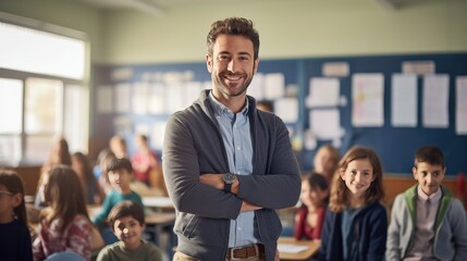 Portrait of smiling male teacher in a class at elementary school looking at camera with learning...
