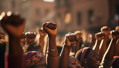 Fototapeta na wymiar Multi ethnic people raising their fists up in the air, crowd. Generative Ai 