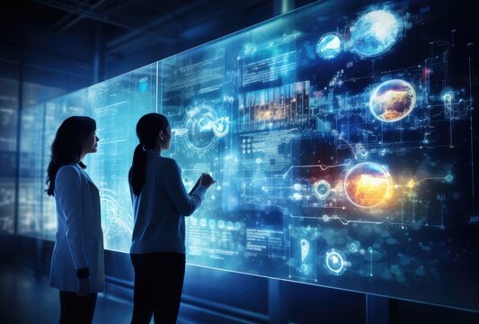 Two Business Women Looking At Data In A Virtual Dashboard Screen. Business Intelligence Analyst Dashboard On Virtual Screen. Generative AI