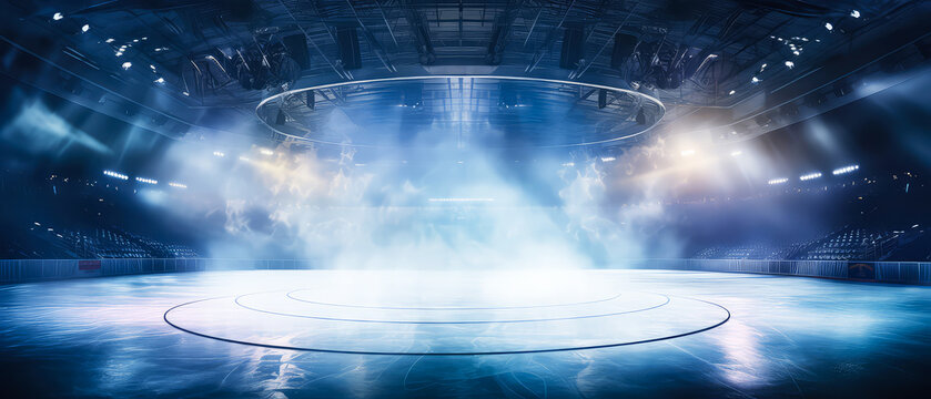 Empty Ice Rink Background. Professional Arena illuminated by lights, spotlights with smoke. Copyspace. Winter poster for hockey competitions. Ice skating. Stadium. Generative ai