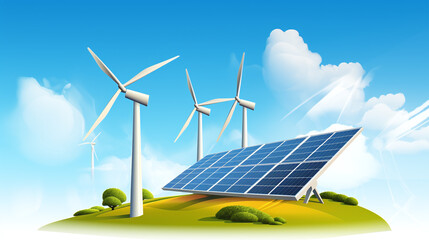 energy transition - symbolic icon with wind turbines for wind power and solar panals for solar enery on a green field 