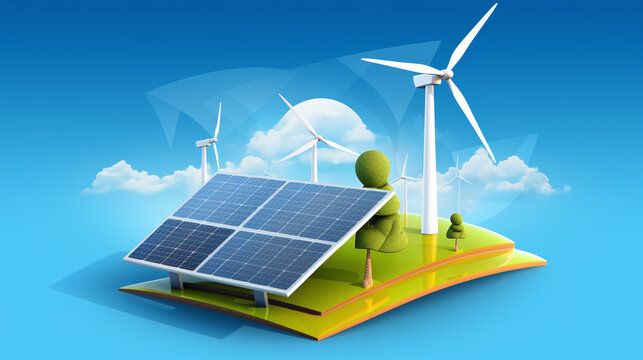 energy transition - symbolic icon with wind turbines for wind power and solar panals for solar enery on a green field 