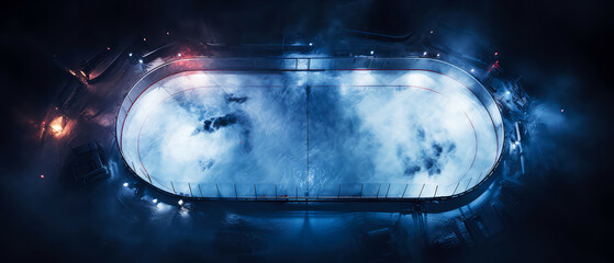  Empty Ice Rink Background. Isometric, top view. Professional Arena illuminated by lights, spotlights with smoke. Copyspace. Winter poster for hockey competitions. Ice skating. Stadium. Generative ai