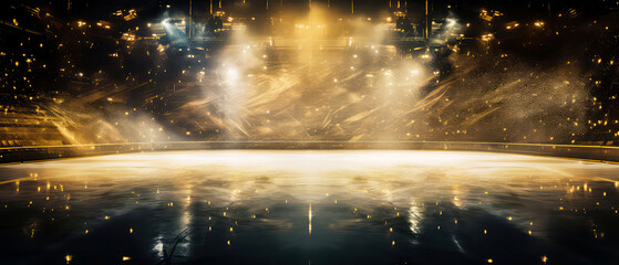  Empty Ice Rink scene. Background. Professional Arena illuminated by golden lights, spotlights. Copyspace. Winter poster for hockey competitions. Ice skating. Stadium. Generative ai - obrazy, fototapety, plakaty