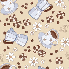 Retro style morning cup of black coffee with sweets and coffee pot floral vector seamless pattern. Groovy coffee background.