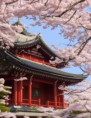 A view of a temple framed by a canopy of cherry blossoms, a harmonious union of spirituality and nature. Ai Generated