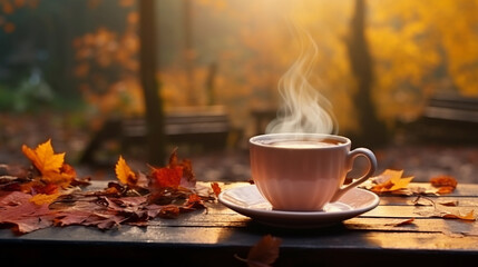 A cup of steaming coffee among fallen yellow leaves. - obrazy, fototapety, plakaty