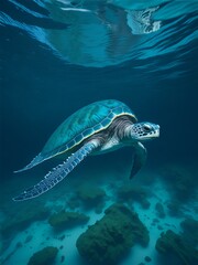 Fototapeta premium A sea turtle glides gracefully through the clear blue waters of the ocean. Ai Generated
