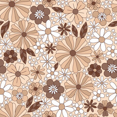 Retro 60s 70s Boho Hippie Earthy colours daisy flower power vector seamless pattern. Groovy floral coffee aesthetics light background.