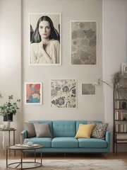 A living room that exudes charm showcases a patterned sofa, with a horizontal poster frame adding an artistic dimension to the decor. Ai Generated