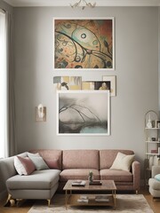 A living room that exudes charm showcases a patterned sofa, with a horizontal poster frame adding an artistic dimension to the decor. Ai Generated