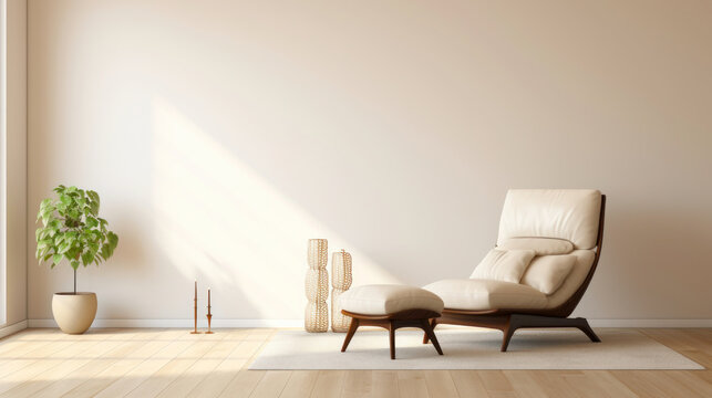 Interior with white seventies style armchair and plant, 3d render illustration. Ai generative.