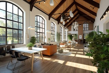 Spacious bright workplace with tall ceilings, ample daylight, and cozy decor. Generative AI