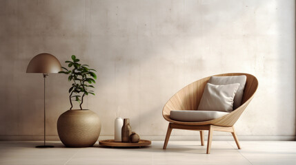Interior with white seventies style armchair and plant, 3d render illustration. Ai generative.