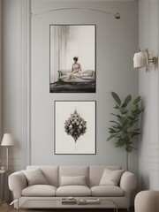An elegant sitting area is crowned by a vertical poster frame positioned above a plush sofa, creating a harmonious blend of comfort and art. Ai Generated