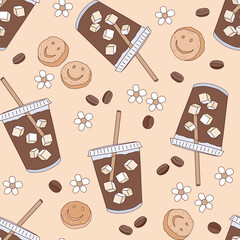 Refreshing iced macchiata in a glass with straw coffee to go vector seamless pattern. Groovy floral coffee background. - 661169760
