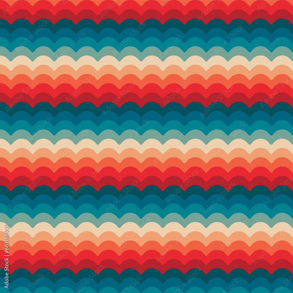Leinwandbilder Abstract background design in 1970s Hippie Retro style. Vector seamless pattern with colorful wavy lines
