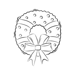 Christmas Wreath with Bows Decorative Element in Doodle Style. Christmas coloring book. Simple Vector Illustration.