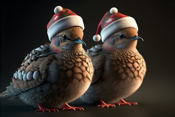 2 turtle doves in mini Santa hats Hyperrealistic cinematic lighting Engine 5  - obrazy, fototapety, plakaty