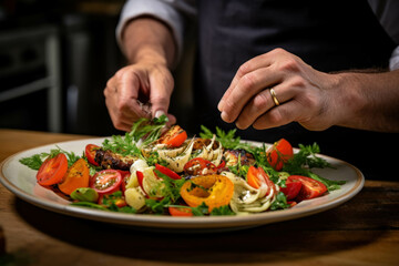 Obraz na płótnie Canvas Closeup on the hands of a professional chef garnishing vegetable salad with cherry tomatoes and arugula