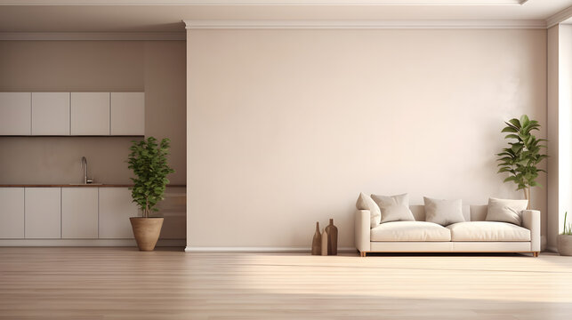 Modern interior design of apartment, kitchen, empty living room with beige wall, panorama.
