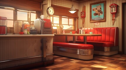 A retro-style diner booth in a kitchen corner.