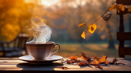 Naklejka na ściany i meble A cup of steaming coffee among fallen yellow leaves.