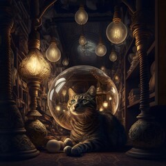 a lamp store filled with antique lamps and a fractal portal to another dimension a sleeping cat lamp light light bulbs spilled everywhere 