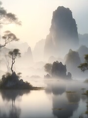 Rocks and nature and trees in the fog. Ai Generated