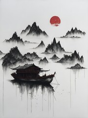 Muted chinese ink painting, muted colors, rice paper texture, splash paint, Ninh Binh town, boat, red sun,  Old cottage. Lakeside. Morning light. Clouds wet to wet techniques. Ai Generated