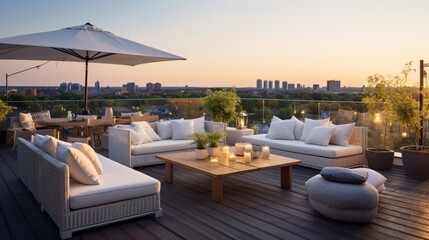 A rooftop terrace furnished with modern outdoor furniture. - Powered by Adobe