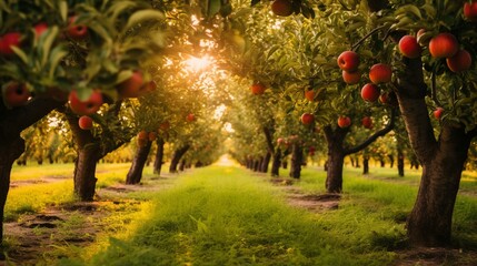 A row of apple trees in a well-maintained orchard - obrazy, fototapety, plakaty