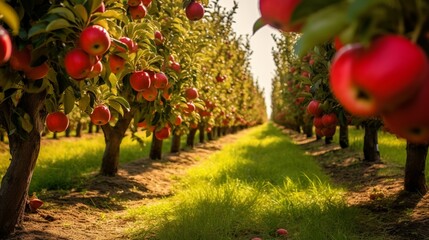 A row of apple trees in a well-maintained orchard - obrazy, fototapety, plakaty