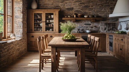 Fototapeta na wymiar A rustic kitchen featuring a wooden dining table and chairs.