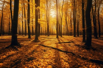 Sunlit golden autumn forest with beautiful yellow leaves covering the ground. Generative AI