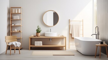 Fototapeta na wymiar A Scandinavian-inspired bathroom with clean lines and wood accents.