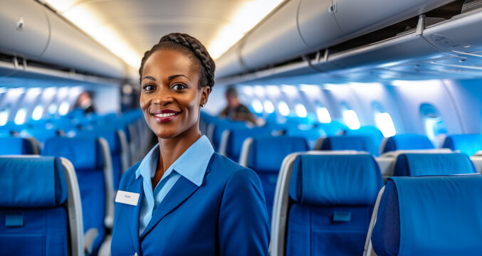 African American woman working as flight attendant. Female airplane stewardess with blurred seats in aisle background. Generative AI