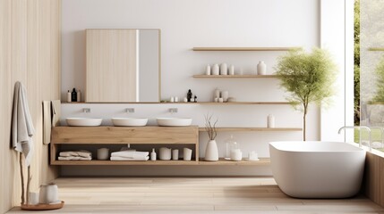 Fototapeta na wymiar A Scandinavian-inspired bathroom with clean lines and wood accents.