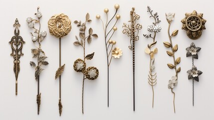 A selection of decorative hairpins arranged on a white background.