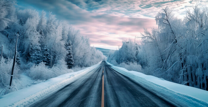 Road in the winter mountains in the background, snowy forest - AI generated image