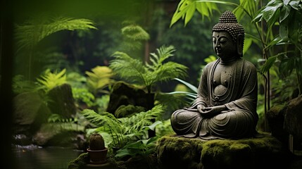A serene Buddha statue amidst a lush green garden, radiating tranquility.