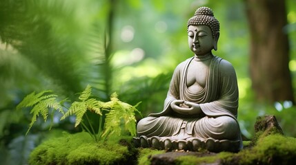 A serene Buddha statue amidst a lush green garden, radiating tranquility.