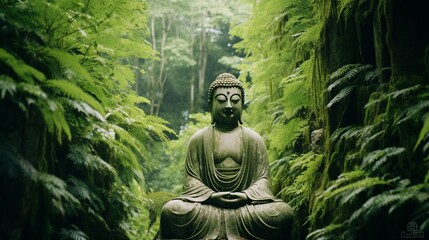 A serene Buddha statue standing tall amidst a lush bamboo grove.