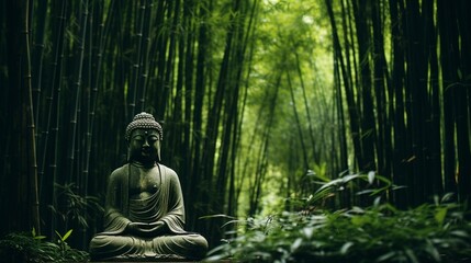 A serene Buddha statue standing tall amidst a lush bamboo grove.