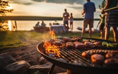 Group of people grilling meat close to a lake