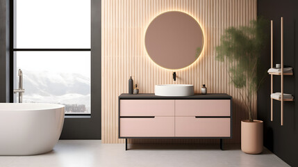 Fototapeta premium Modern minimalist bathroom interior, modern pink bathroom cabinet, white sink, wooden vanity, interior plants, bathroom accessories, black-white bathtub, panel wall, terrazzo flooring.