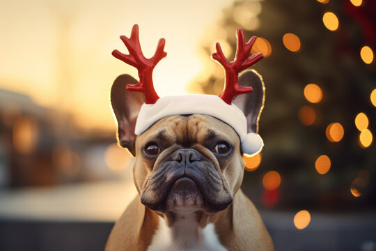 AI generated image of cute adorable Bulldog wearing reindeer antlers outdoors at the Christmas decorated city