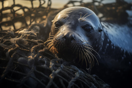 AI generative image of Seal wrapped in fisherman's net with environmental issues concept